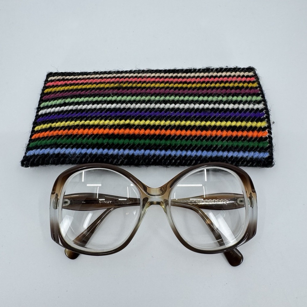 Vintage France Frame Eyeglasses Brown Cindy With Needlepoint Case Grannycore‎